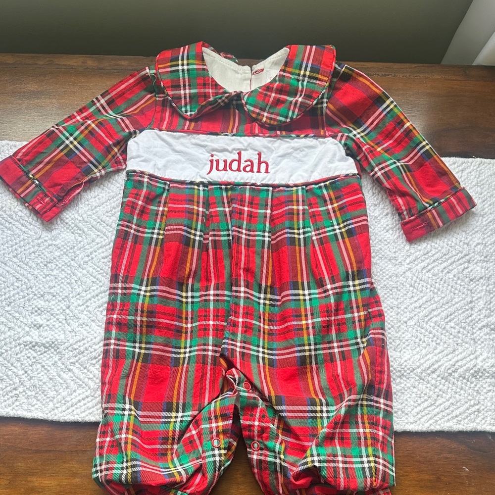 Cecil and Lou “Judah” Red Green Plaid Baby One-Piece with White Smocked Chest